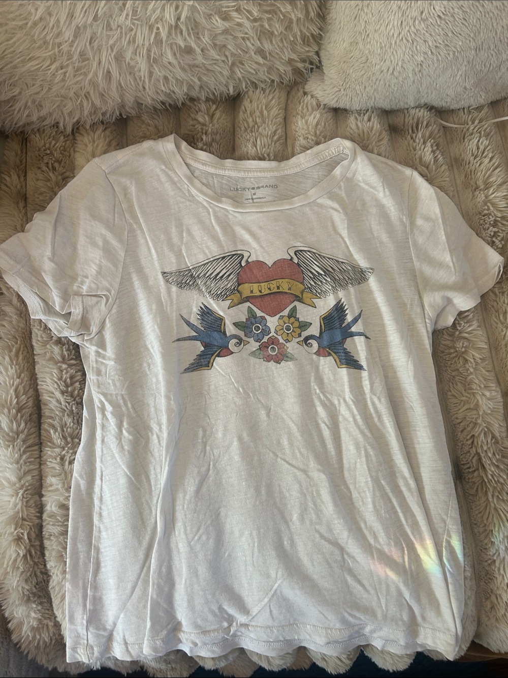 Lucky Brand Girls' White Graphic Tee with Swallow & Heart Design